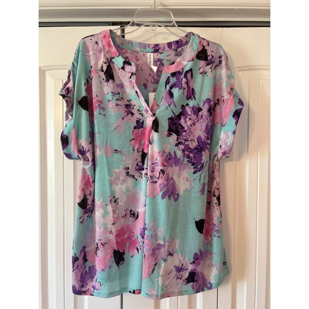 Dear Scarlett Floral Split Neck Top XL Aqua Purple Pink Short Sleeve